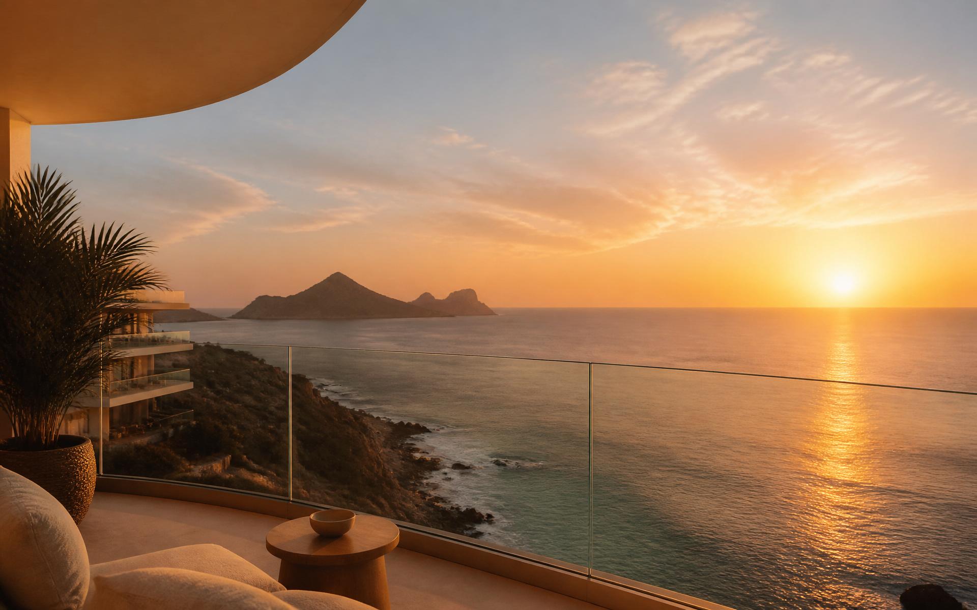 Terraza con vista al mar en Los Cabos al atardecer